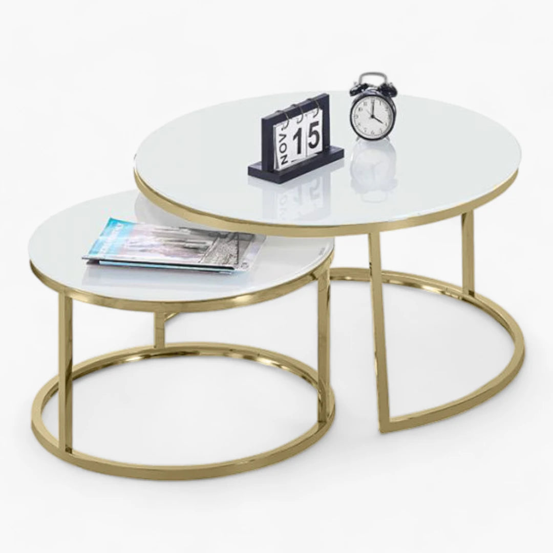 Table Basse ronde GIGOGNE plateau couleur blanc pieds dorée en acier inoxydable